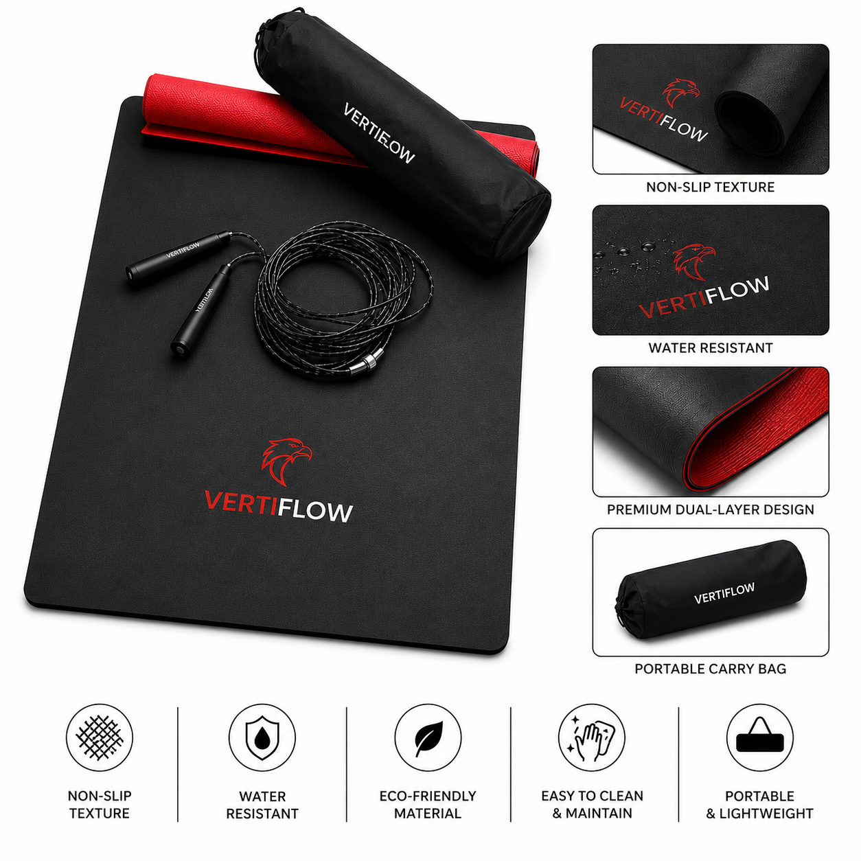 VERTIFLOW Performance Jump Kit – Premium Training Mat, Flow Jump Rope & Carry Bag