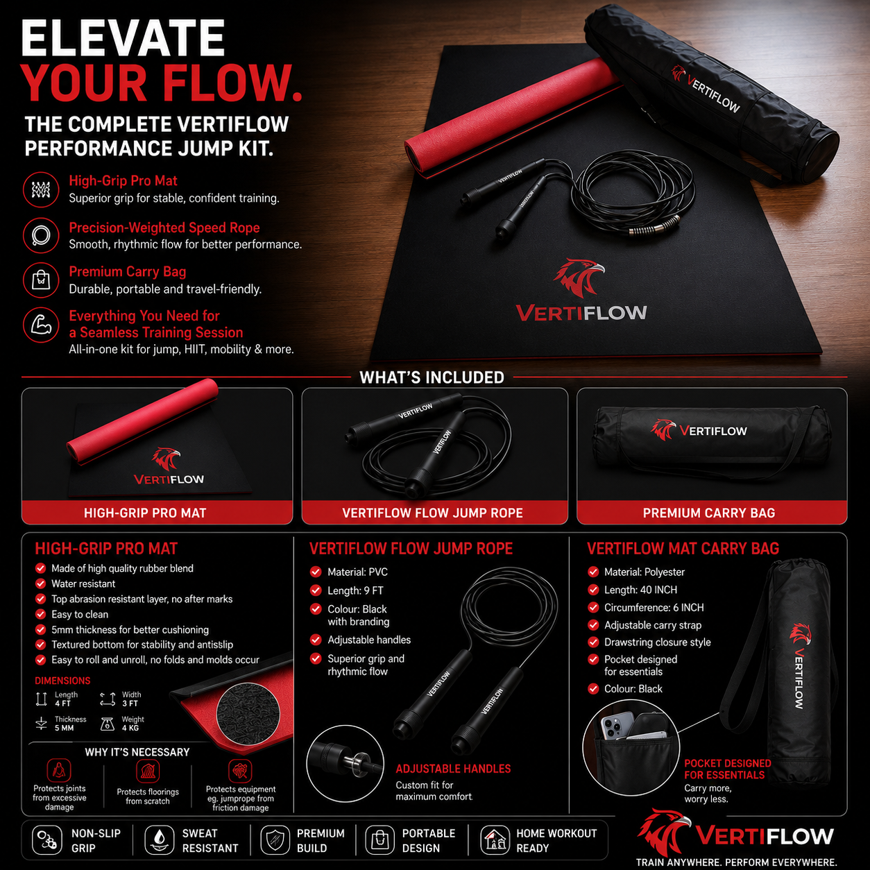 VERTIFLOW Performance Jump Kit – Premium Training Mat, Flow Jump Rope & Carry Bag